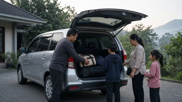 Foto keluarga memasukkan koper ke MPV kompak berwarna perak sebelum perjalanan jauh pada pagi hari