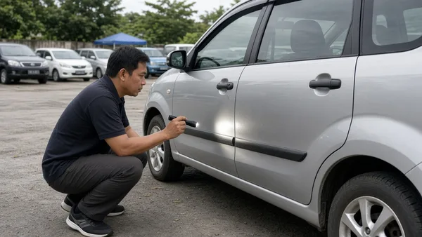 Foto calon pembeli memeriksa MPV kompak bekas berwarna perak di showroom mobil bekas dengan senter