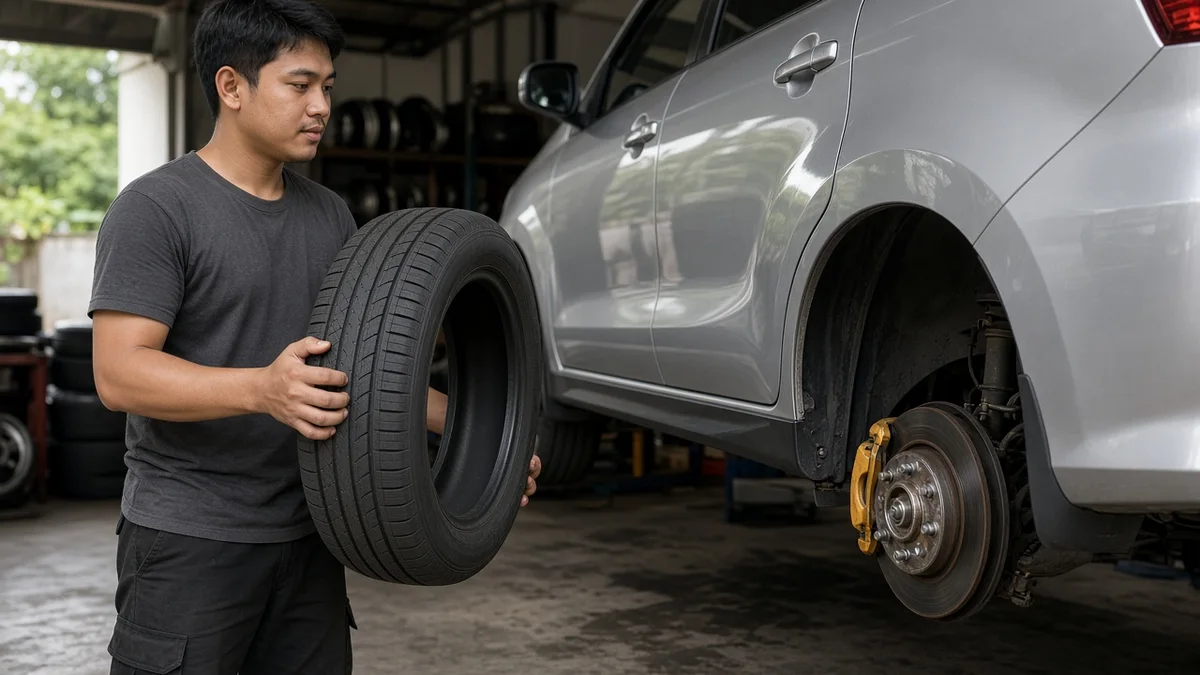 Foto teknisi ban memegang ban baru di samping roda MPV kompak di toko ban