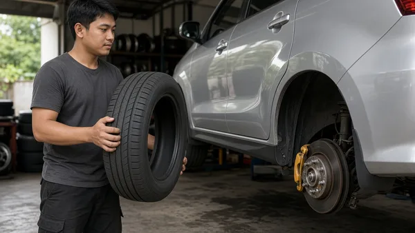 Foto teknisi ban memegang ban baru di samping roda MPV kompak di toko ban