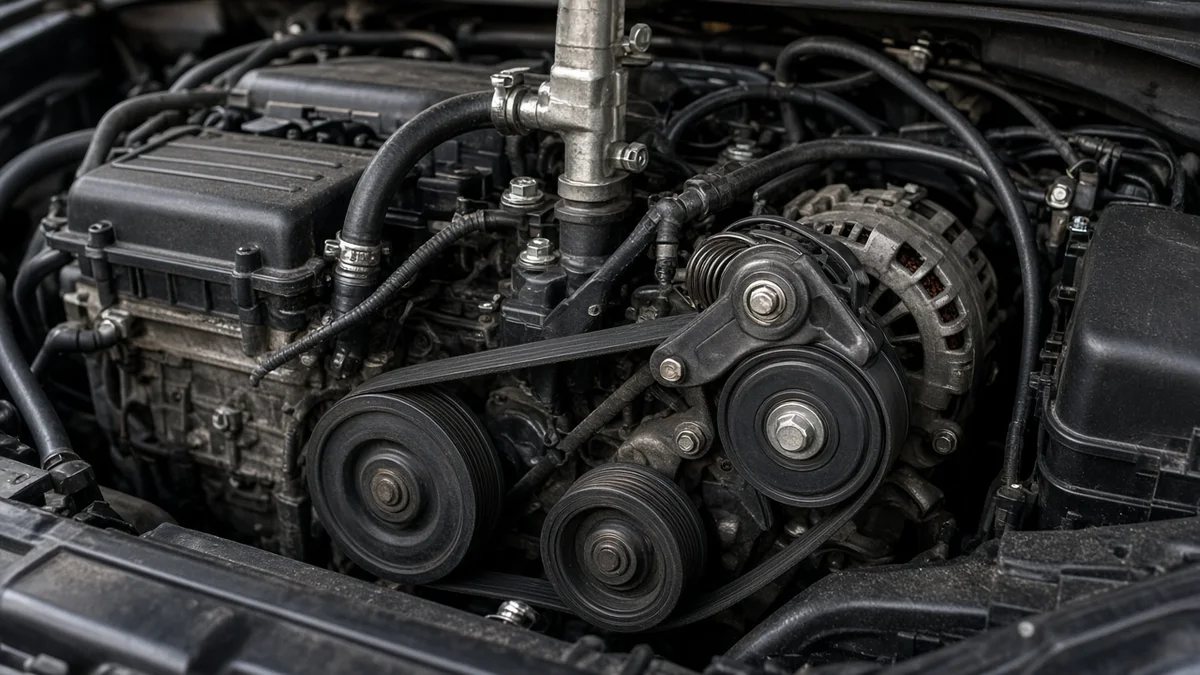 Foto belt aksesori serpentine dan pulley tensioner di depan mesin diesel