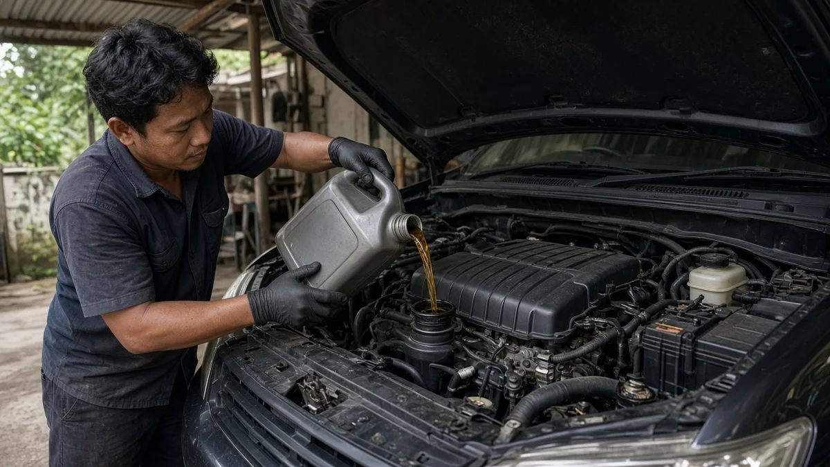 Foto oli mesin dituang ke lubang pengisian mesin diesel dengan corong