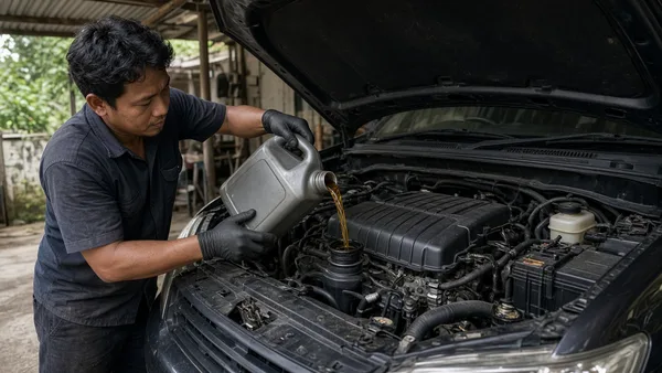 Foto oli mesin dituang ke lubang pengisian mesin diesel dengan corong