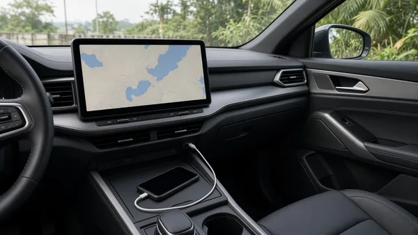Foto layar infotainment besar di dasbor SUV menampilkan menu tanpa merek