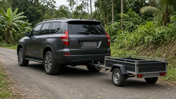 Foto SUV dengan towing hitch menarik trailer kecil di jalan pedesaan