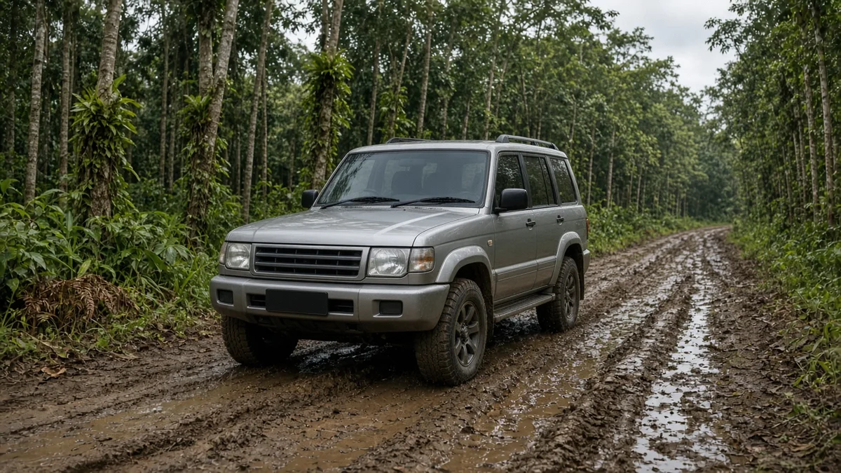 Foto tombol pemilih mode penggerak di konsol tengah SUV, tanpa merek