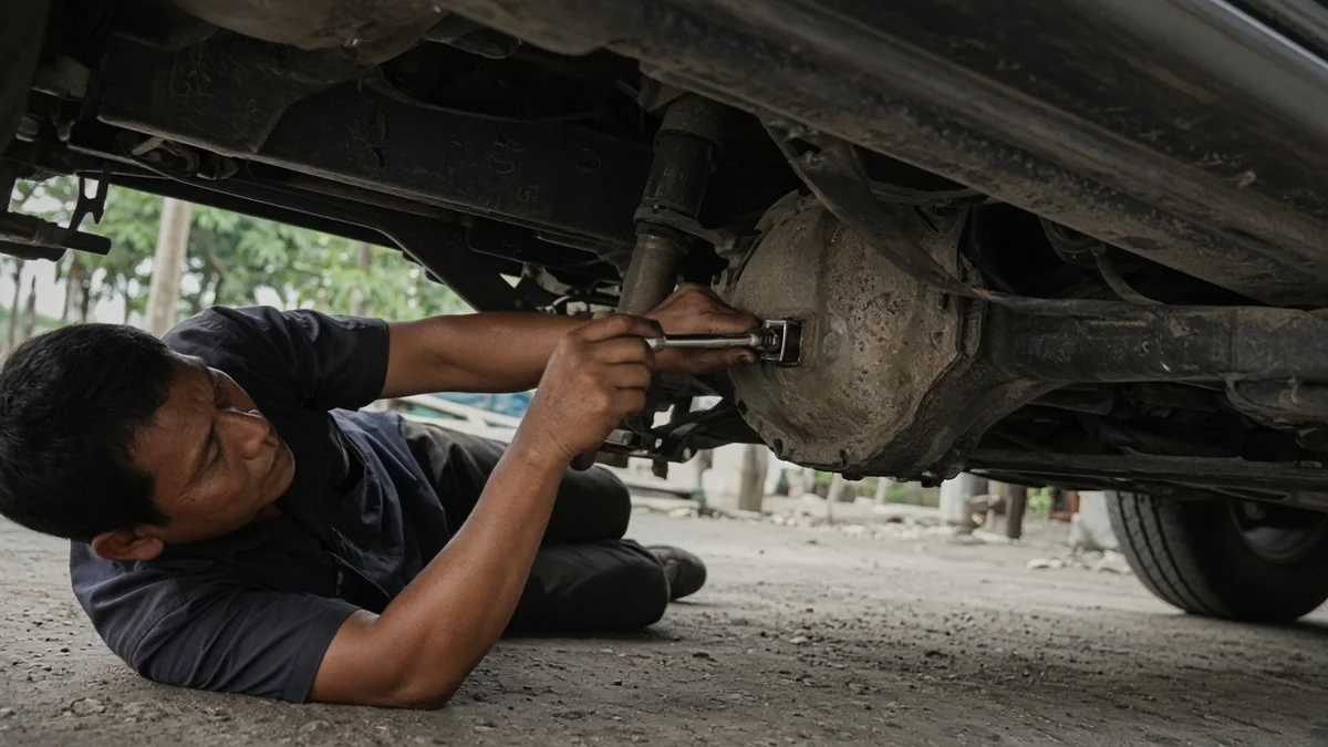 Foto mekanik membuka baut pengisian oli gardan belakang SUV ladder frame