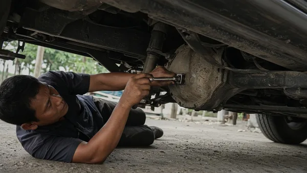Foto mekanik membuka baut pengisian oli gardan belakang SUV ladder frame