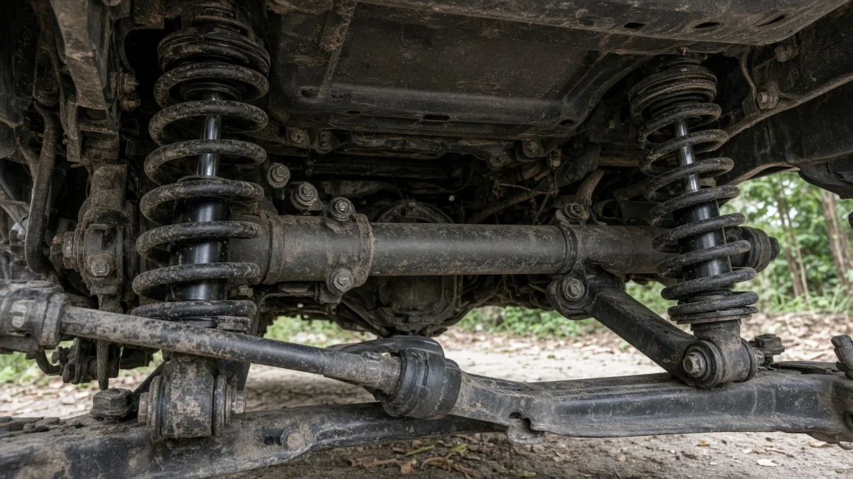 Foto shock absorber dan per daun belakang SUV ladder frame dilihat dari bawah