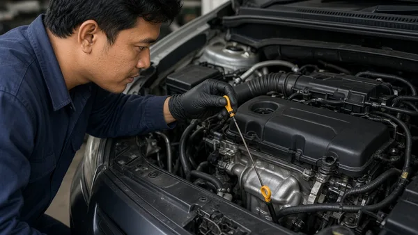 Foto mekanik memeriksa dipstick oli mesin pada mesin turbo kompak