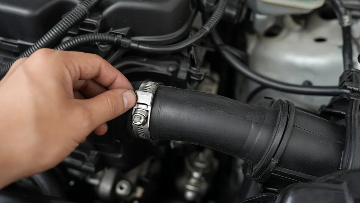 Foto close-up selang intercooler dan klem di ruang mesin turbo kompak