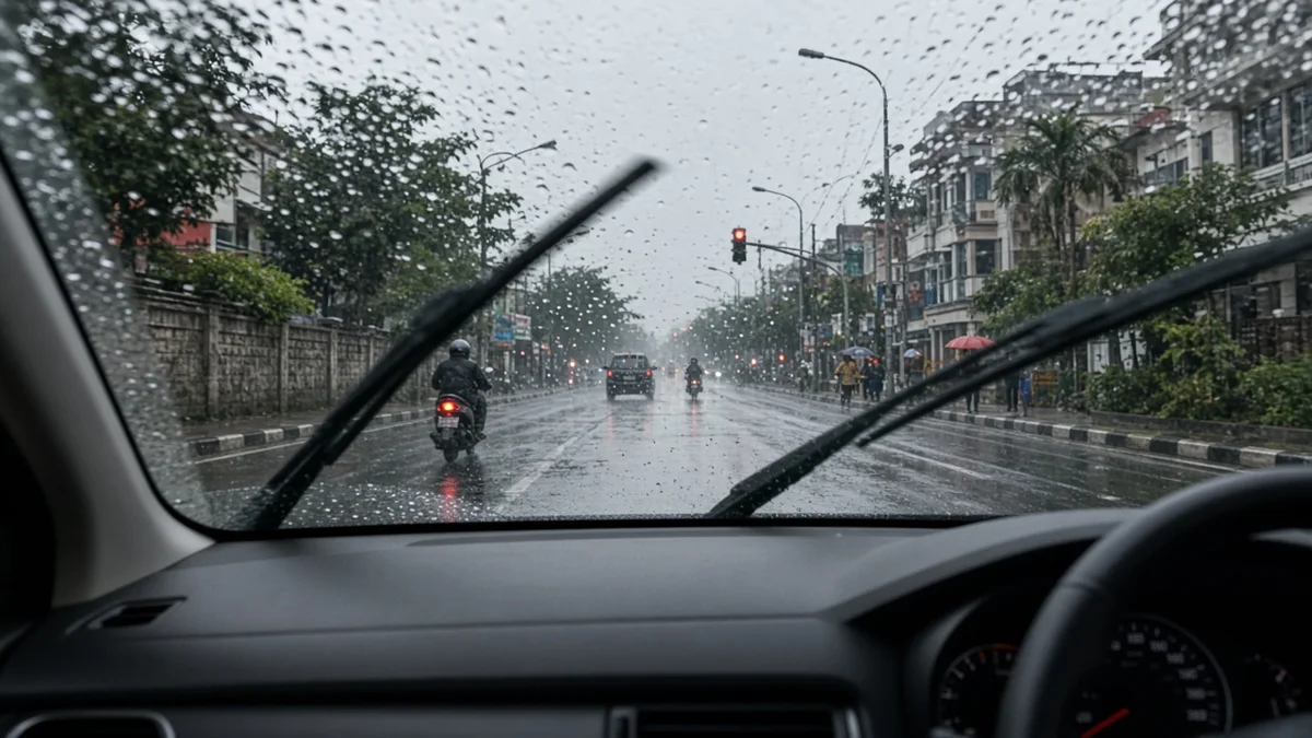 Foto hujan di kaca depan dengan wiper bergerak, terlihat dari dalam mobil
