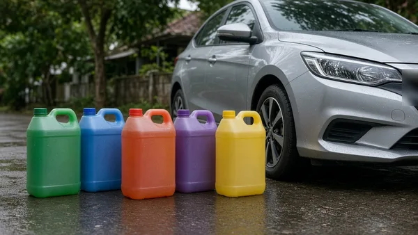 Foto beberapa botol coolant dengan warna berbeda di rak bengkel
