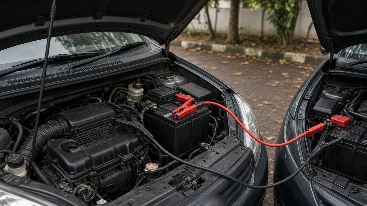 Foto kabel jumper merah dan hitam terhubung ke aki dua mobil