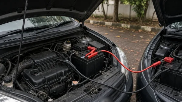 Foto kabel jumper merah dan hitam terhubung ke aki dua mobil
