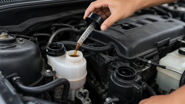 Foto botol minyak rem dan reservoir minyak rem di ruang mesin
