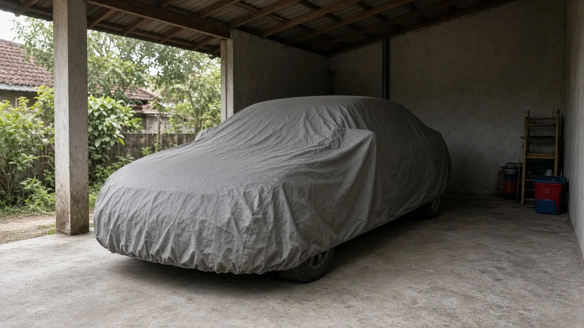 Foto mobil terparkir di garasi dengan pengisi aki terpasang