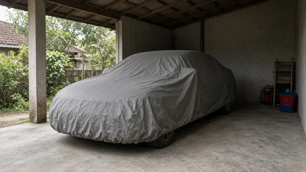 Foto mobil terparkir di garasi dengan pengisi aki terpasang