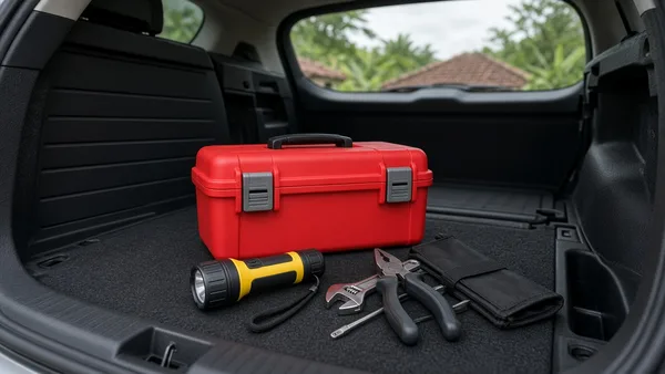 Foto tas perlengkapan darurat mobil berisi segitiga pengaman, kotak P3K, dan kabel jumper