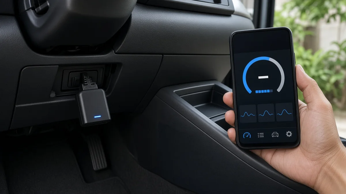 Foto scanner OBD-II tersambung ke port di bawah dasbor mobil
