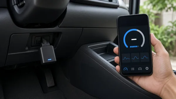 Foto scanner OBD-II tersambung ke port di bawah dasbor mobil